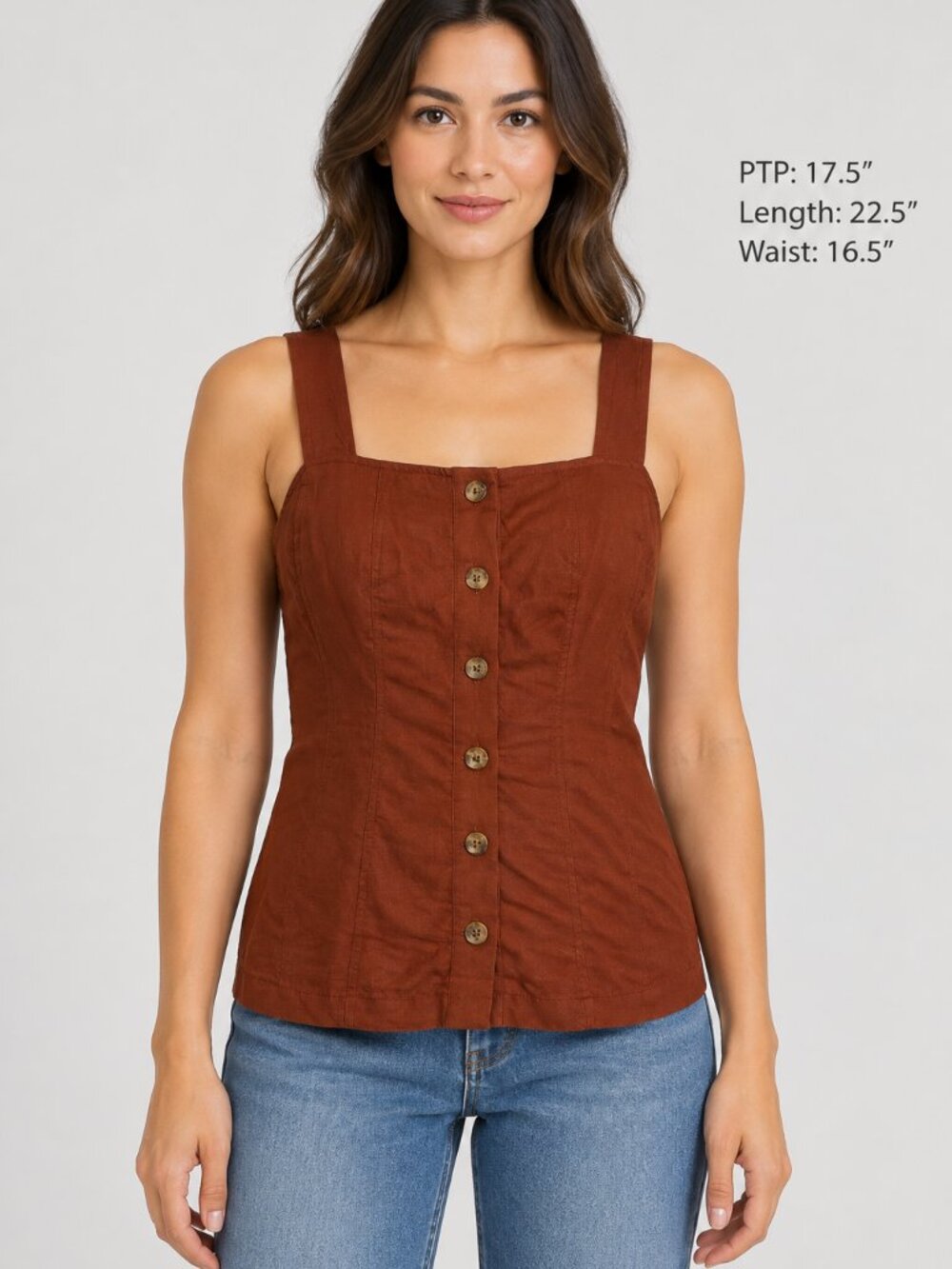New Time and Tru XS Redwood Bark Linen Blend Button Front Cami Top Square Neck